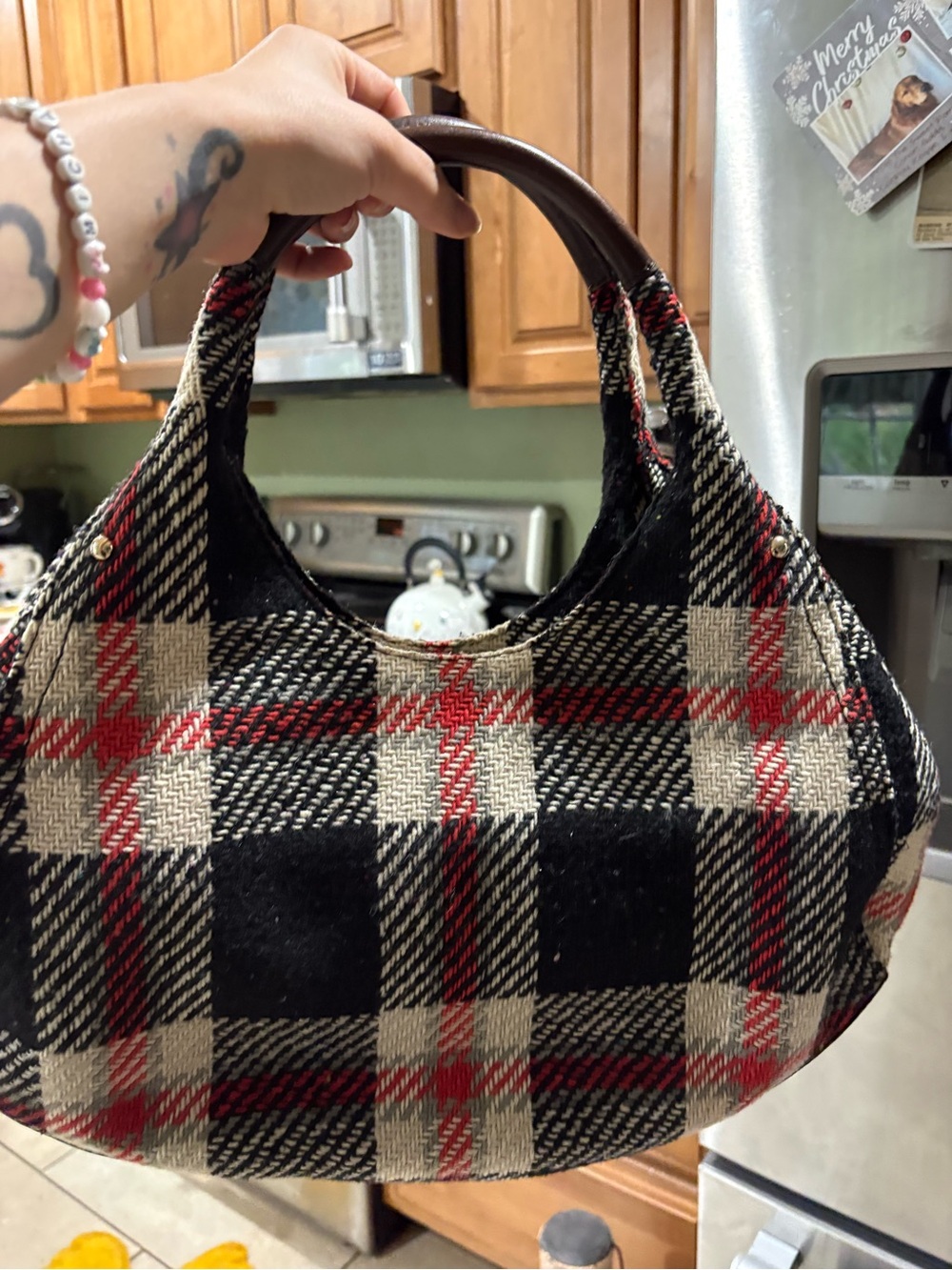 kate spade Black, White & Red Plaid Wool Hobo Bag - Picture 4 of 12